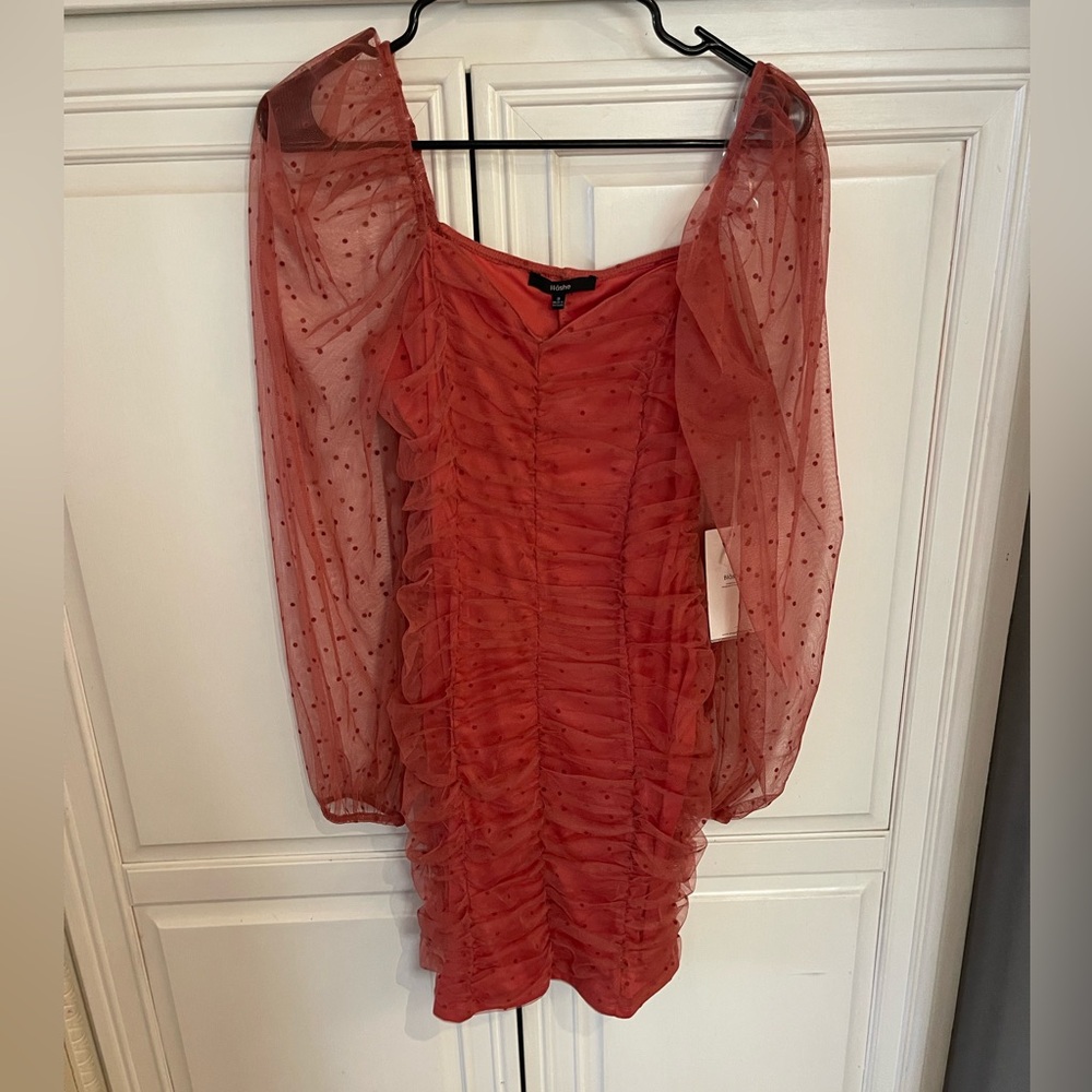 Chic Ruched Dress with Sheer Sleeves